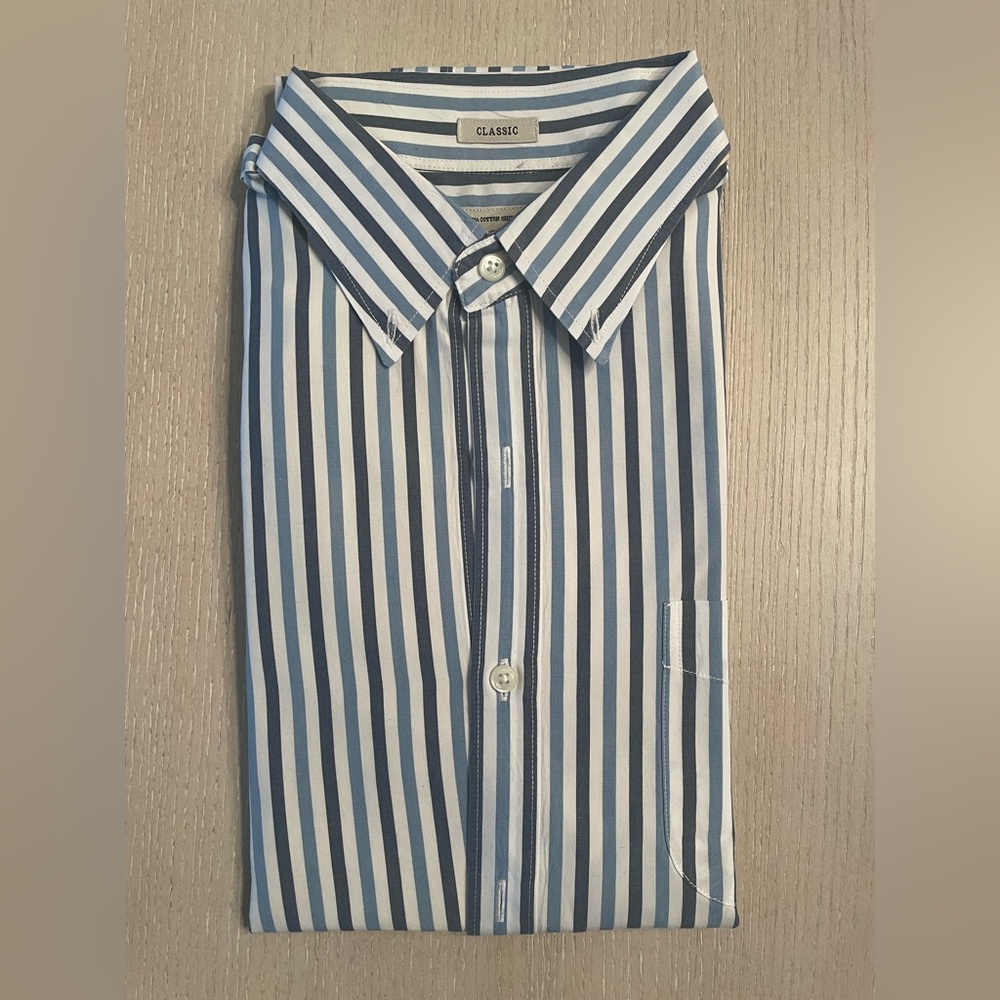 J. Crew 100% Cotton Shirting. Size Large, Navy Blue, Sky Blue and White Striped.